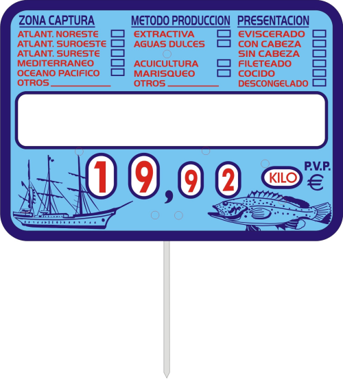 Imagen Cartel Porta Precio Pescado con rueda segun normativa CE